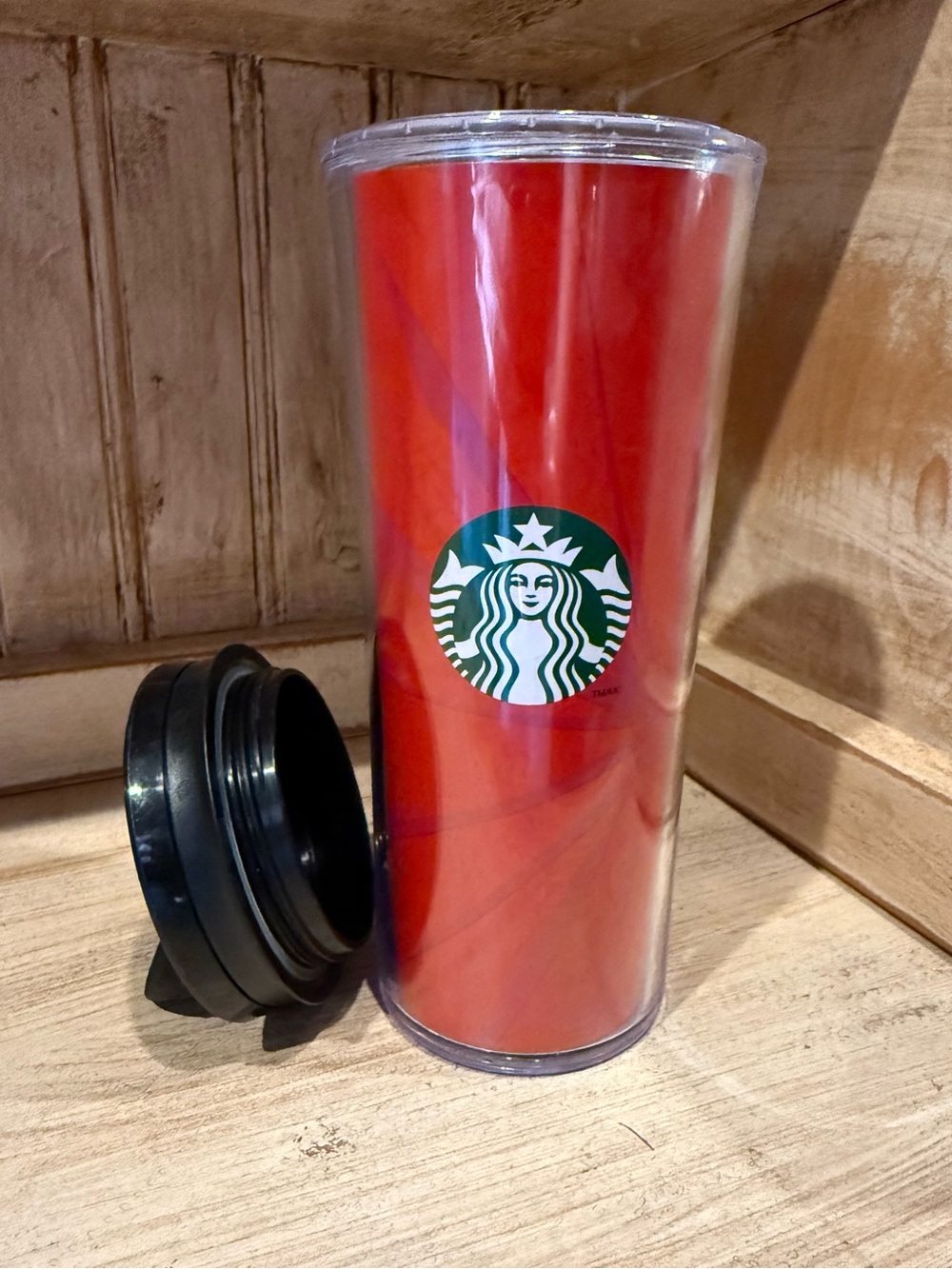 Starbucks Red Tumbler with Green Logo and Black Cap